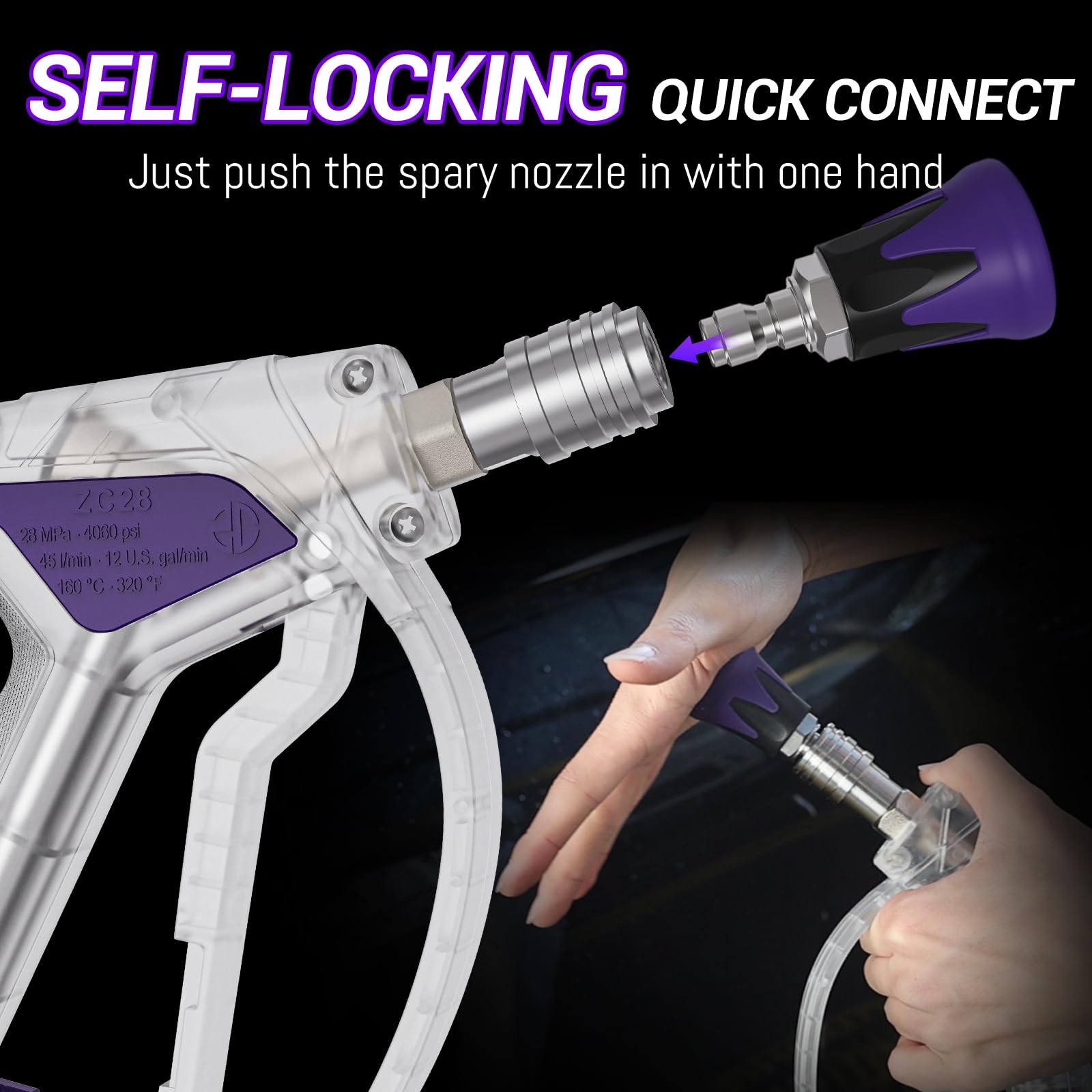 Zebra Clean 25° rubber nozzle and stainless tip delivering safe, even spray