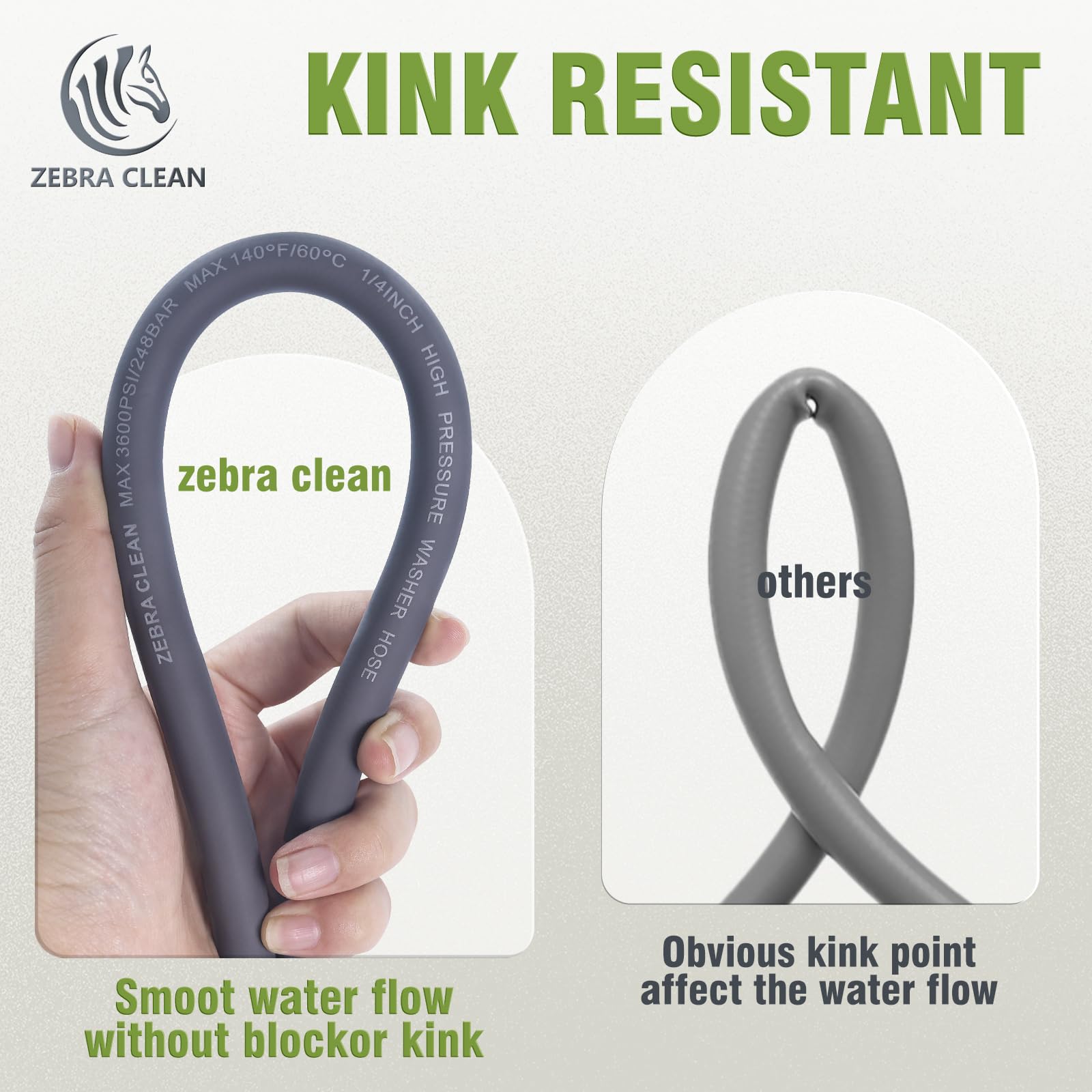 Zebra Clean hose bending without kinks showing smooth uninterrupted water flow