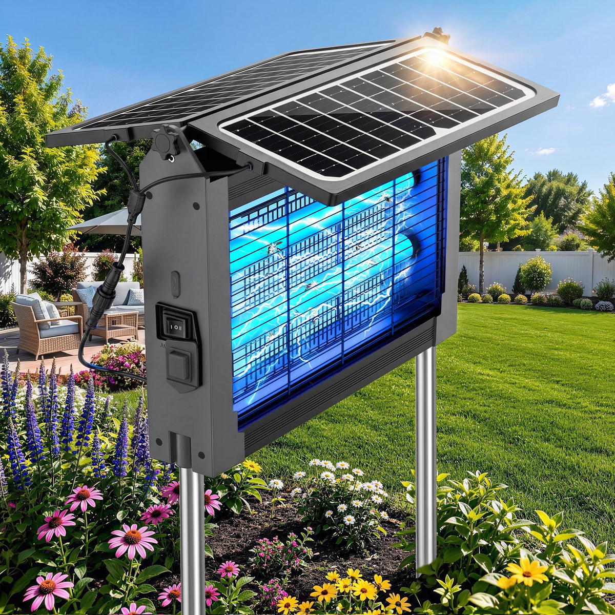 zechuan front view with dual panels showing outdoor placement and quick charging benefit