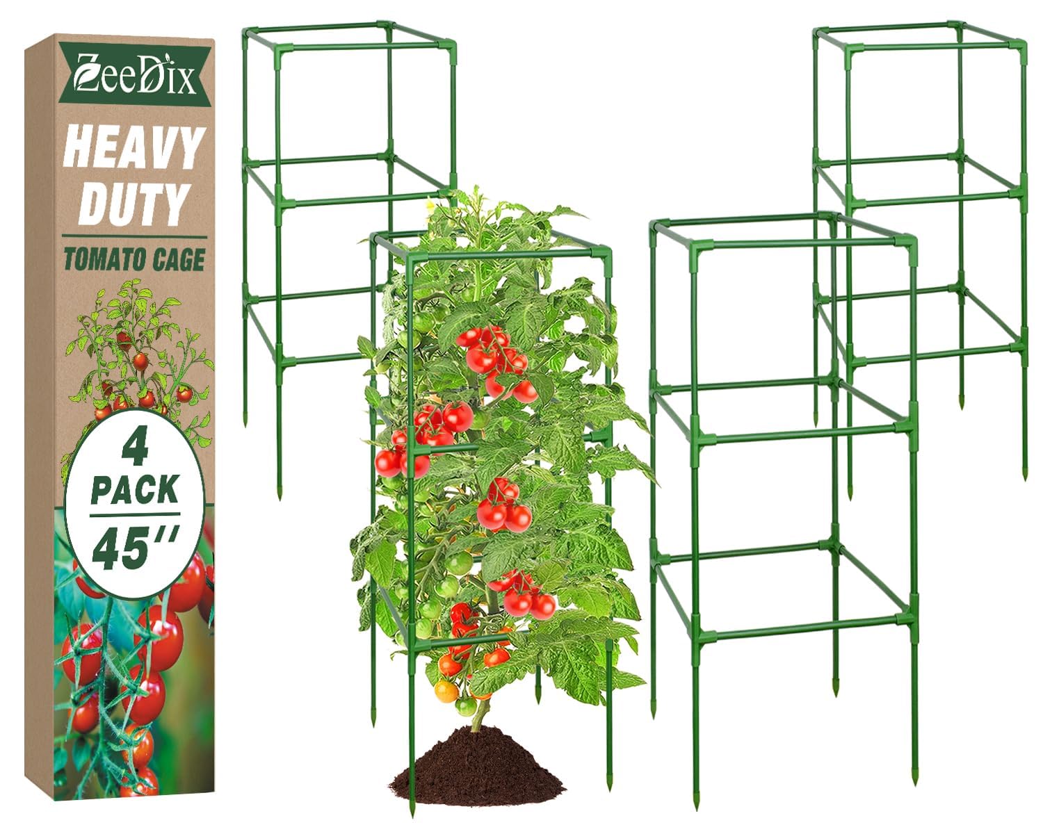 ZeeDix front view of four boxed square tomato cages showing ready-to-assemble kit benefits