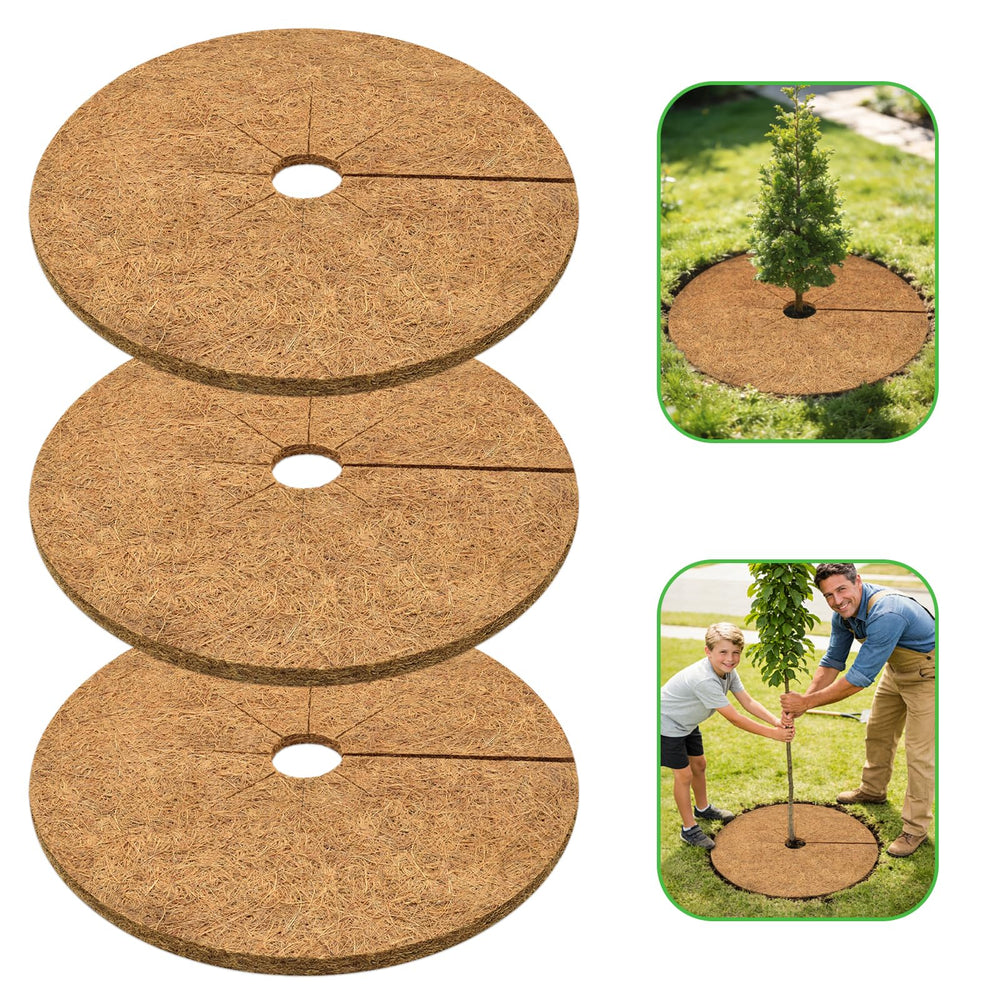 ZeeDix front view of three 30-inch coir tree rings showing neat packaging and benefit of tidy bases