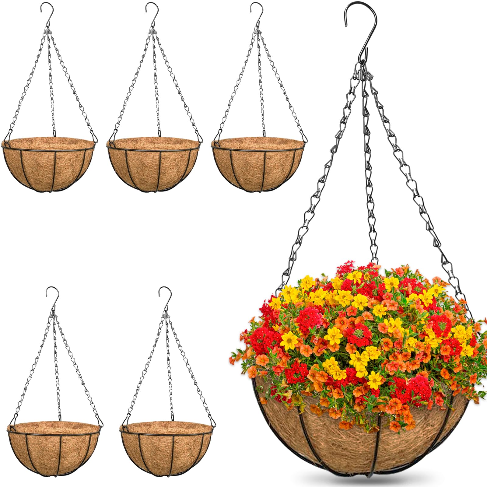 ZeeDix front view of six metal hanging baskets showing coordinated outdoor display and curb appeal