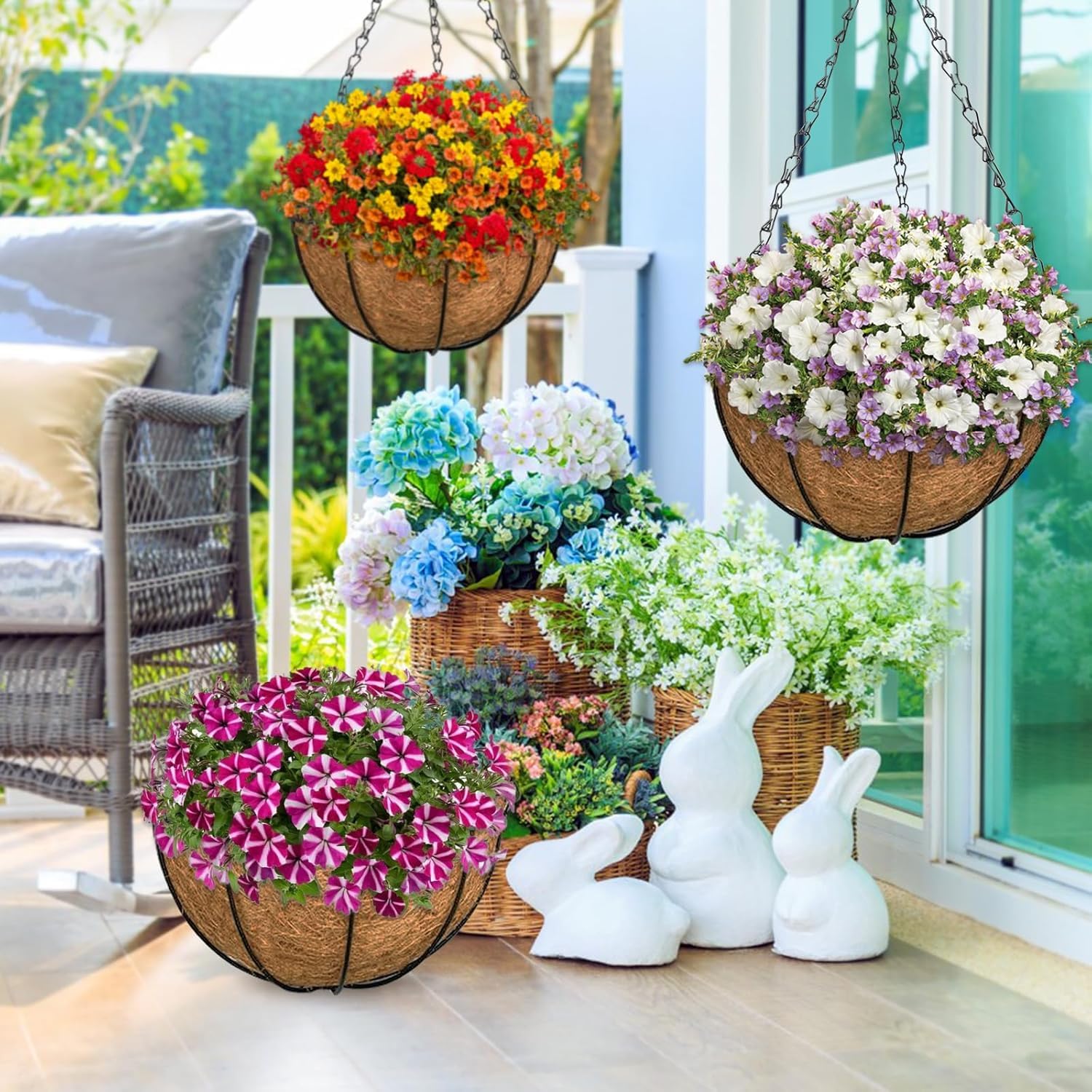 ZeeDix three hanging baskets staged on porch showing cohesive multi-plant display benefit