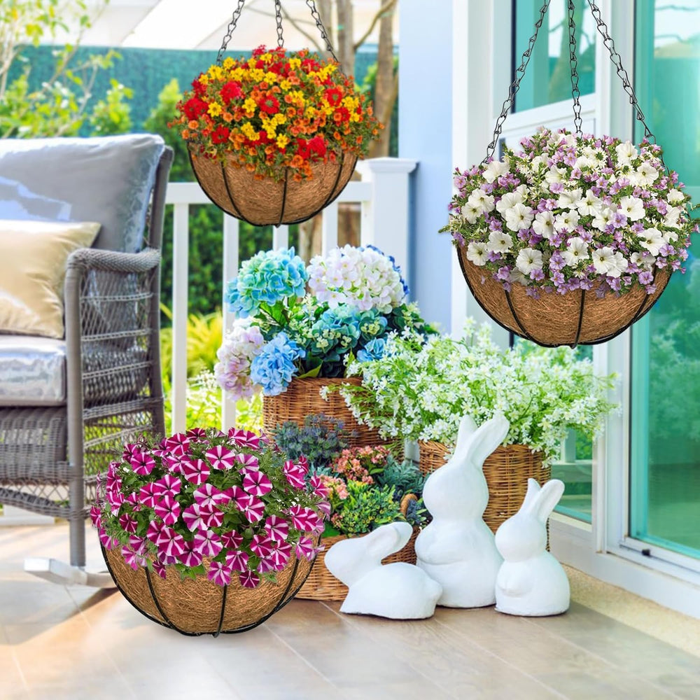 ZeeDix three hanging baskets staged on porch showing cohesive multi-plant display benefit