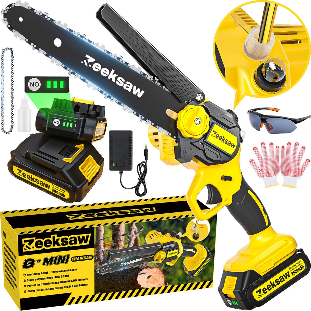 Zeeksaw front packaging showing compact cordless chainsaw and benefits