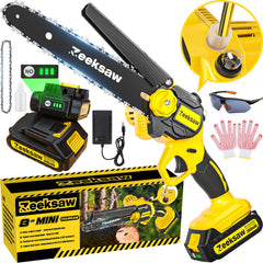 Zeeksaw front packaging showing compact cordless chainsaw and benefits