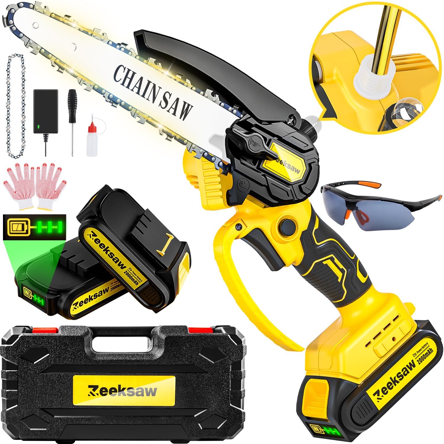Zeeksaw front view showing compact cordless chainsaw and benefits of portability