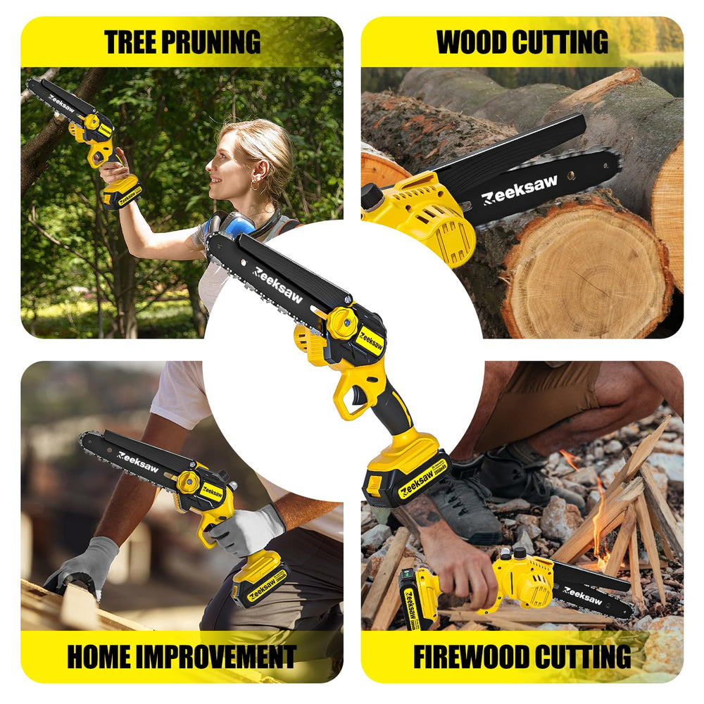 Zeeksaw mini chainsaw in garden setting showing practical use