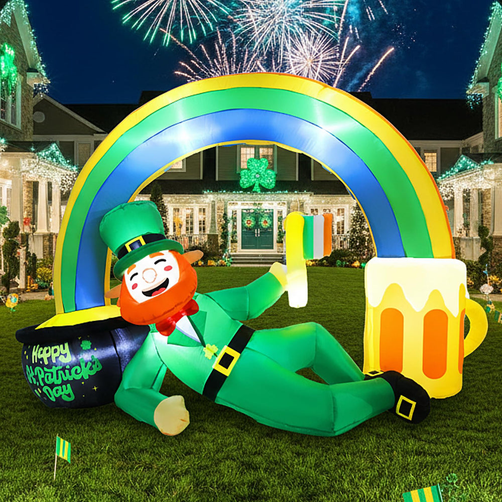 Zeepair front view inflatable leprechaun with rainbow, eye-catching yard focal point