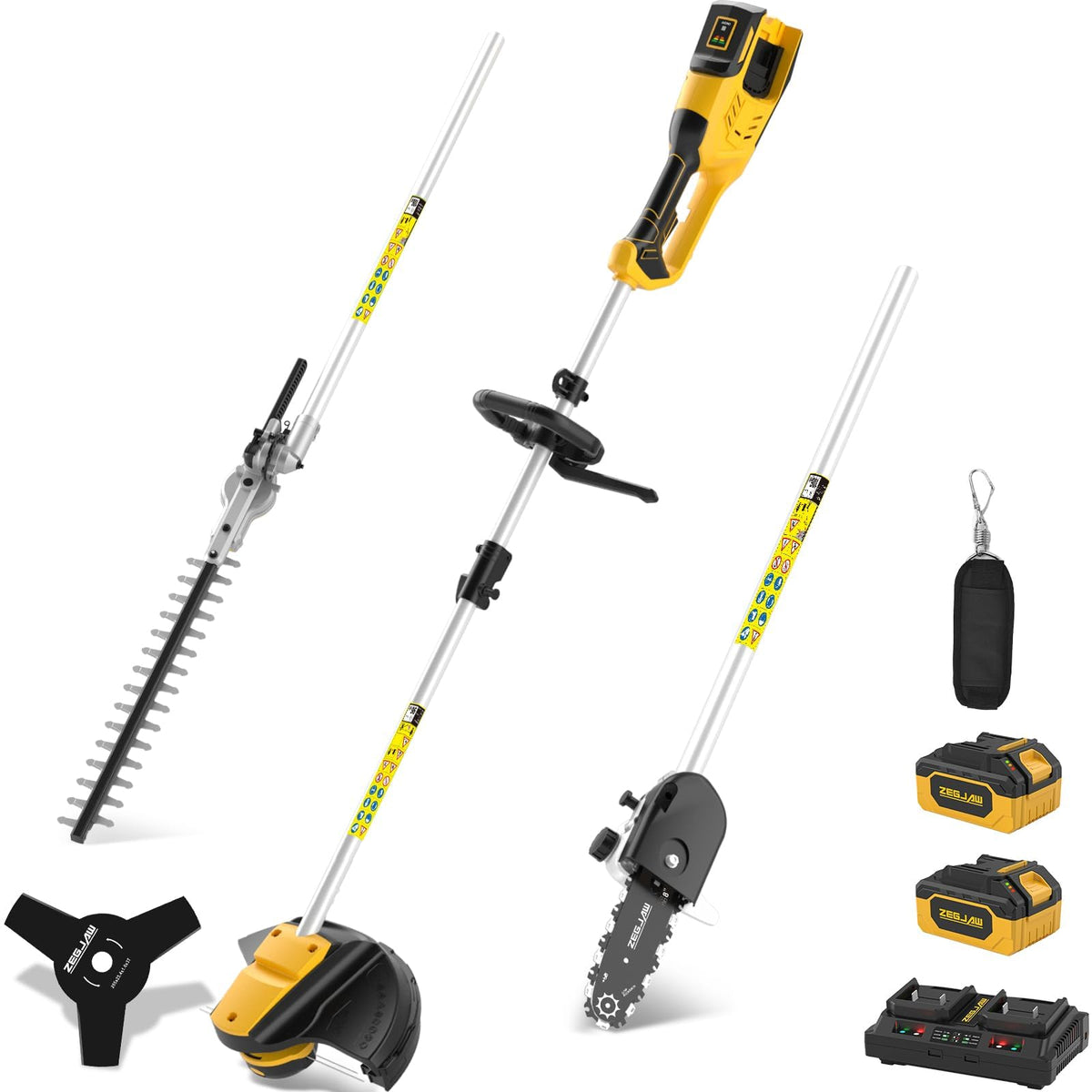 ZEGJAW front view of full 4-in-1 kit showing attachments and batteries for versatile yard work