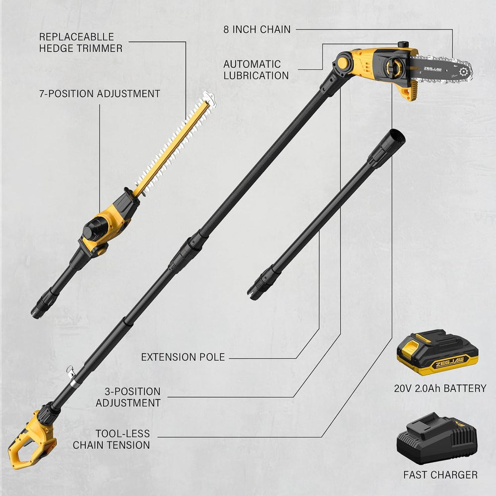 ZEGJAW packed box contents showing saw, trimmer, battery, charger, strap, extension