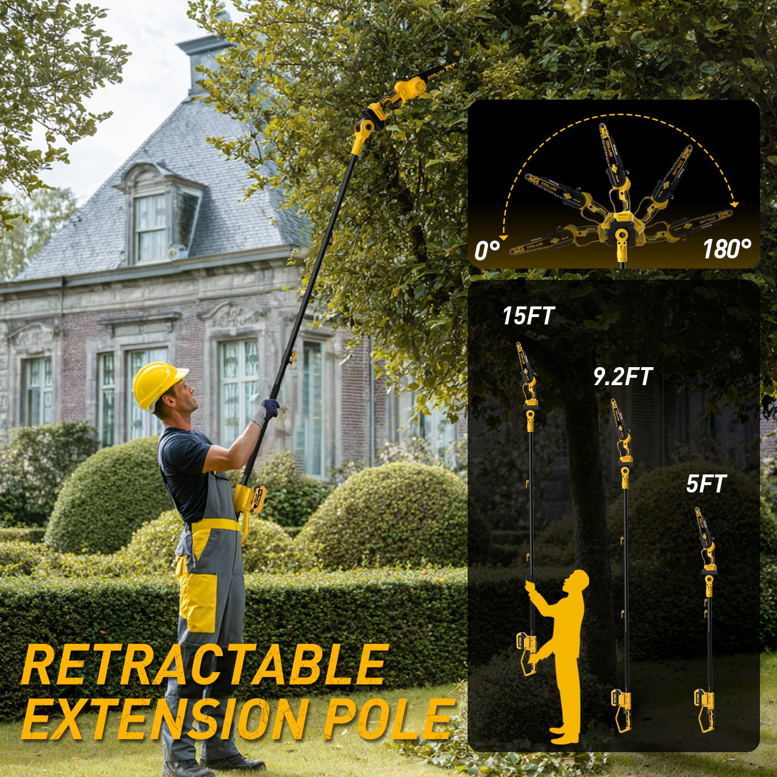 ZEGJAW telescopic pole extended to show reach and safer trimming