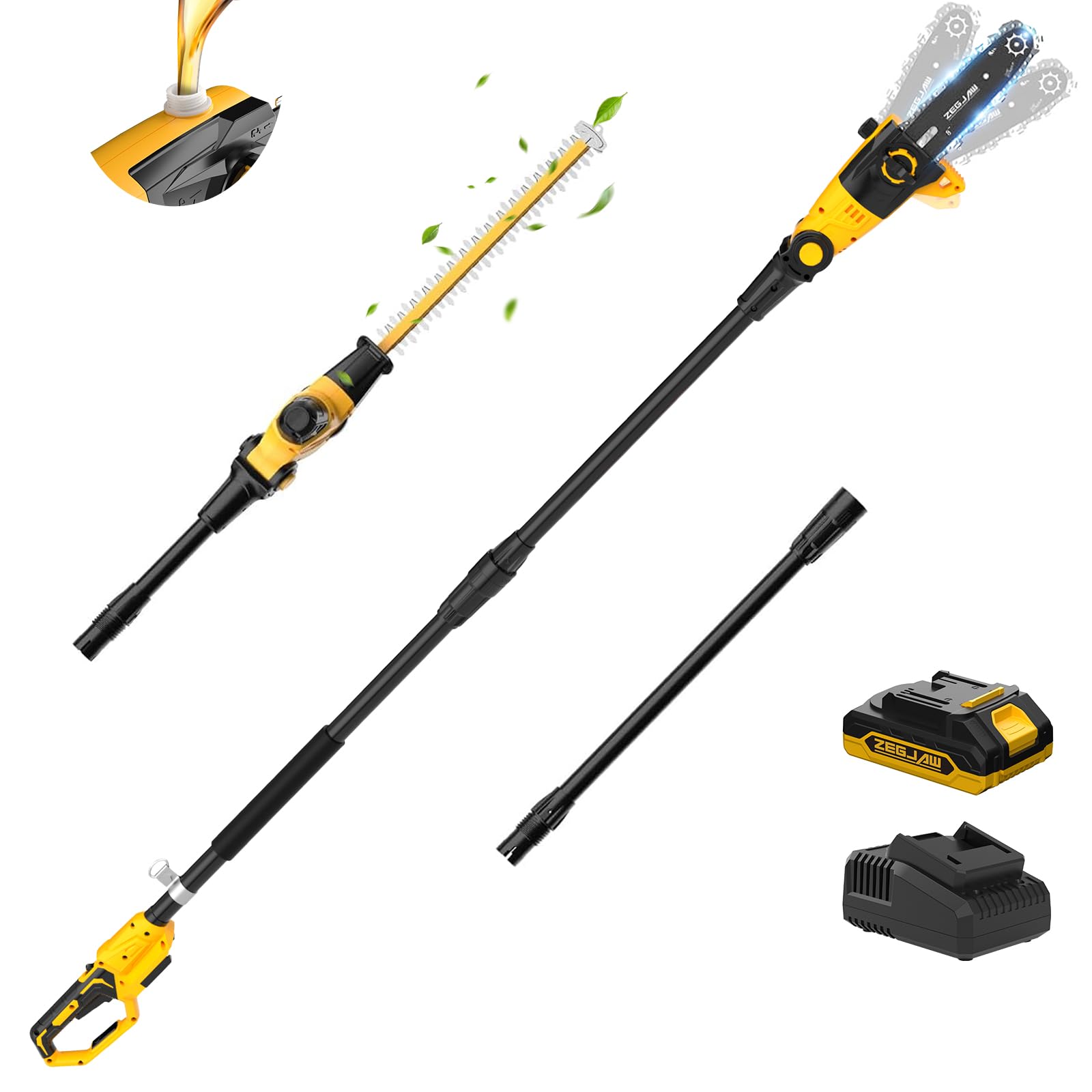 ZEGJAW pole saw front view showing compact cordless design and easy handling