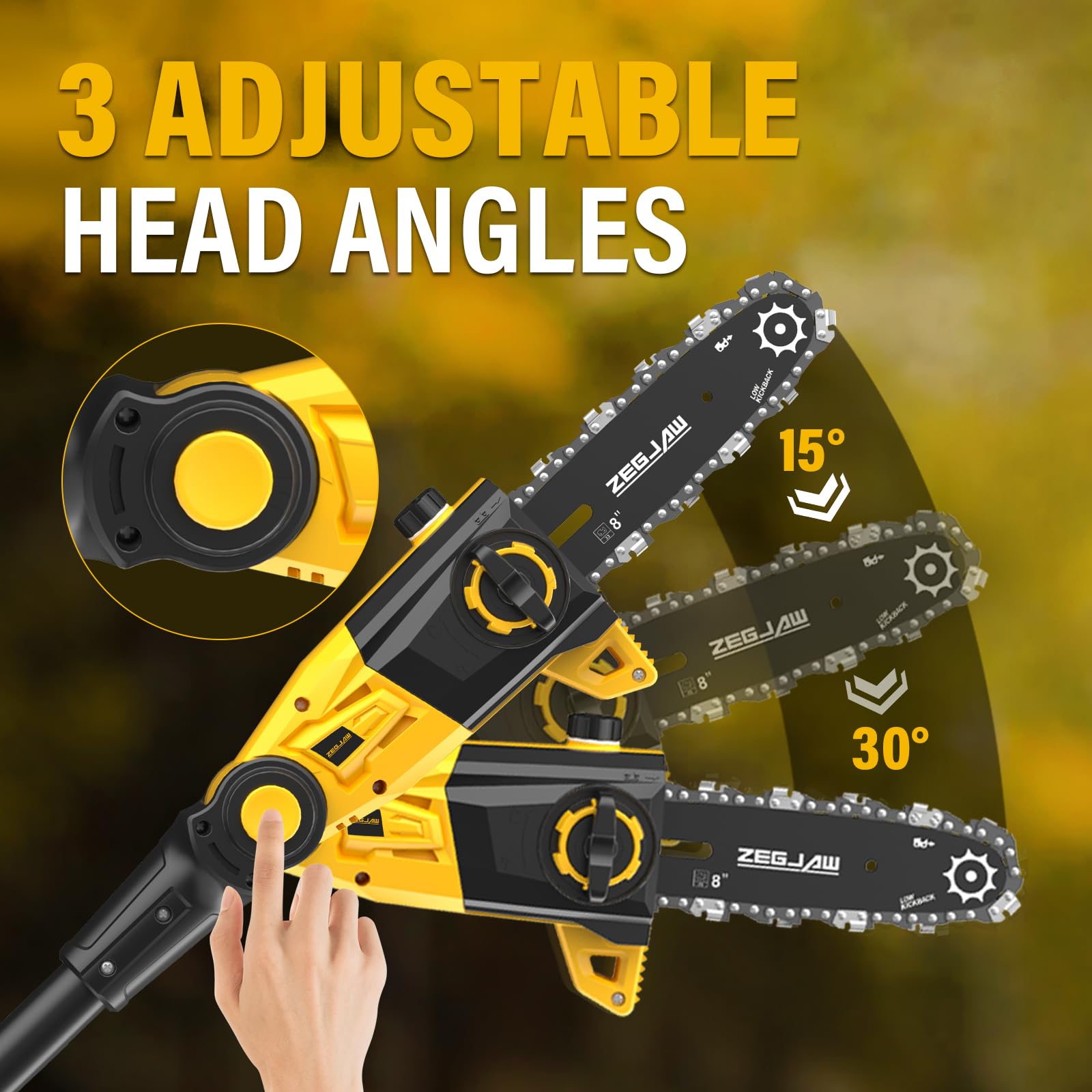 ZEGJAW handle and dual-button safety switch close-up ensuring accidental-start protection