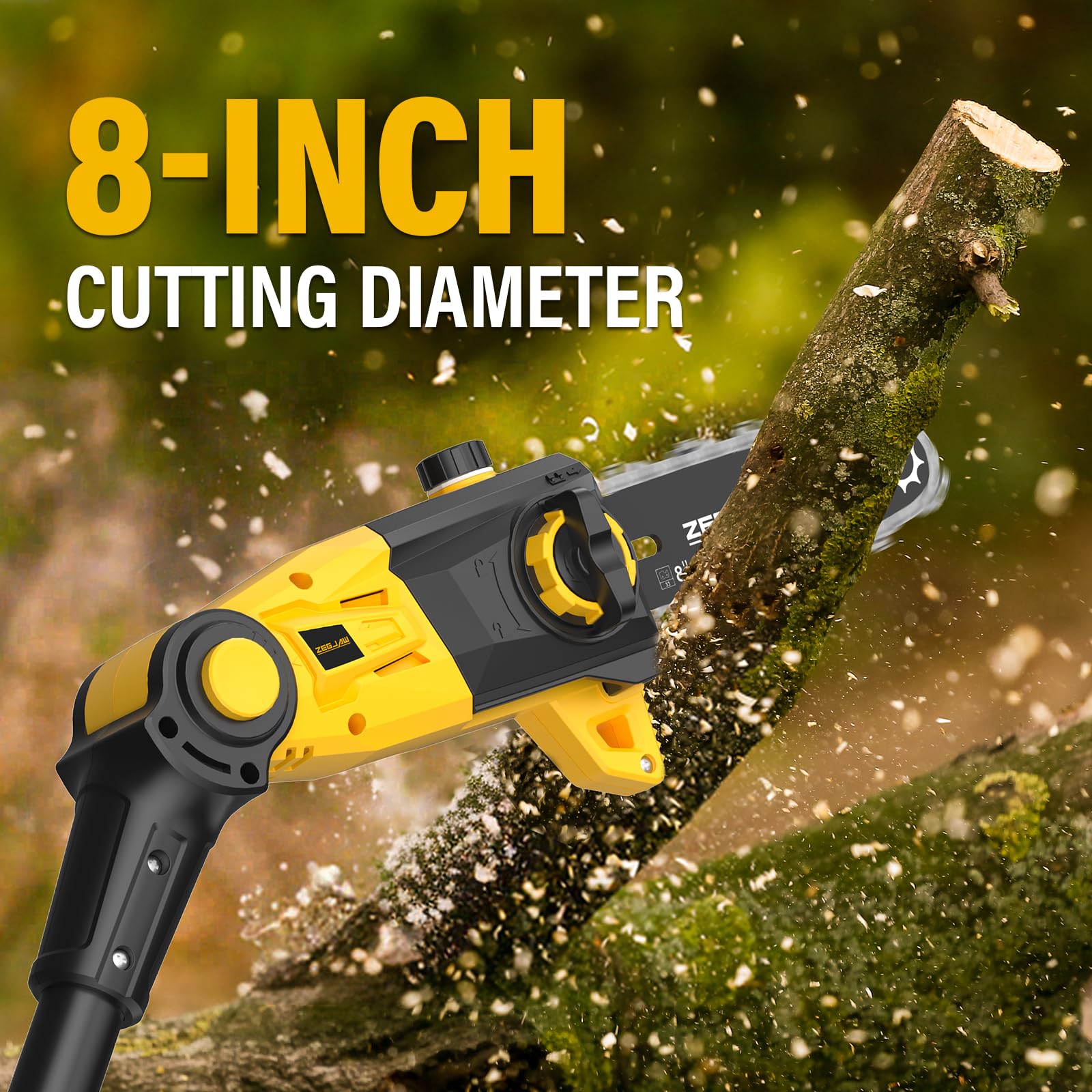 ZEGJAW saw cutting a high branch illustrating safe ladder-free pruning benefit