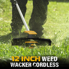 ZEGJAW trimmer head detail showing 12-inch cutting path and metal blade durability benefit