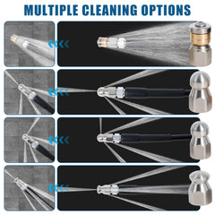 Zejoot button-nose nozzle close-up highlighting focused front jet for dislodging clogs