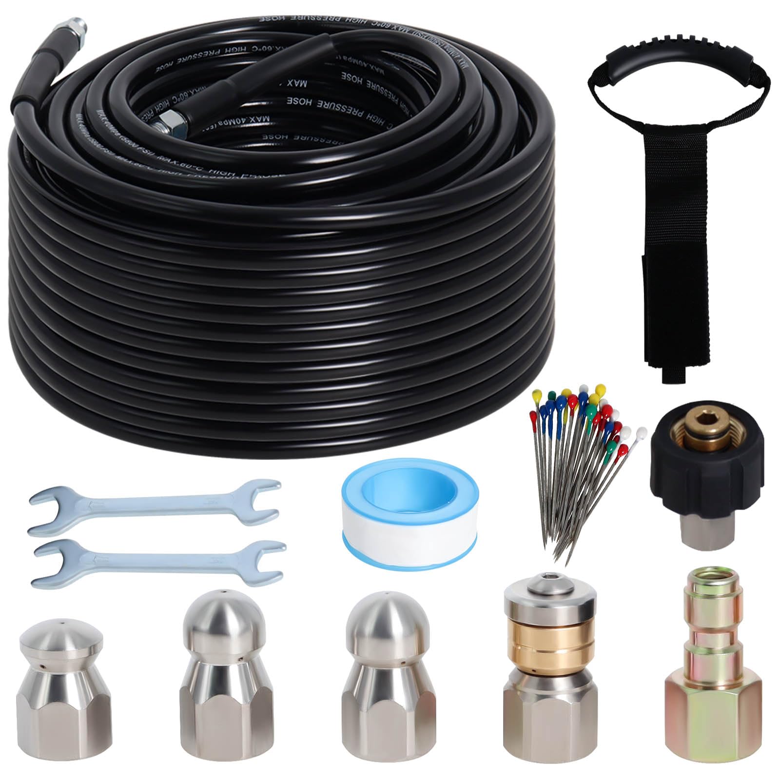 Zejoot front packaging showing complete sewer jetter kit with accessories for fast setup