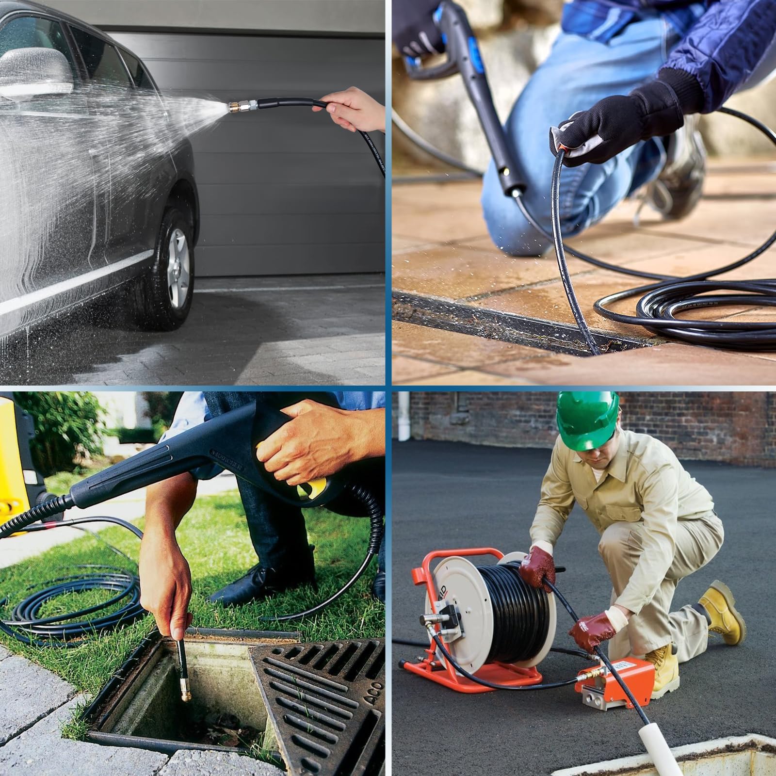 Zejoot hose held by hand to show scale and portability for on-site drain work