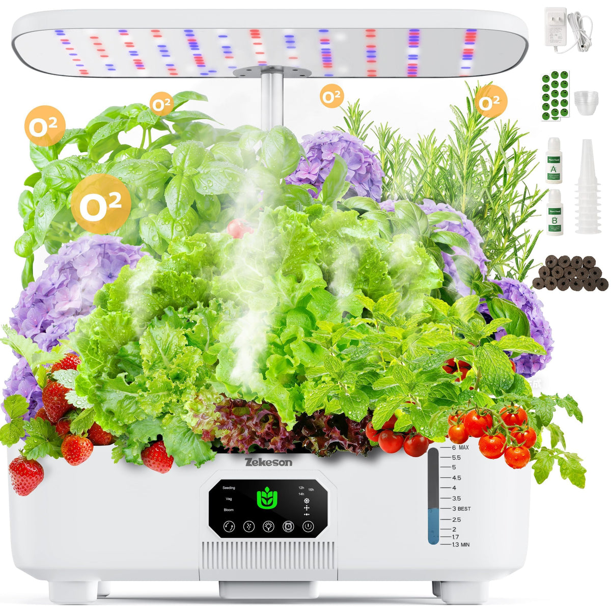 Zekeson front view of hydroponic garden showing compact design and neat countertop placement
