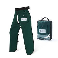 ZELARMAN chaps front view showing full apron coverage and rugged protection