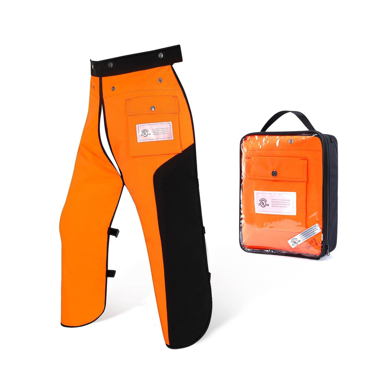 ZELARMAN front view apron chaps showing full waist-to-ankle protection benefit