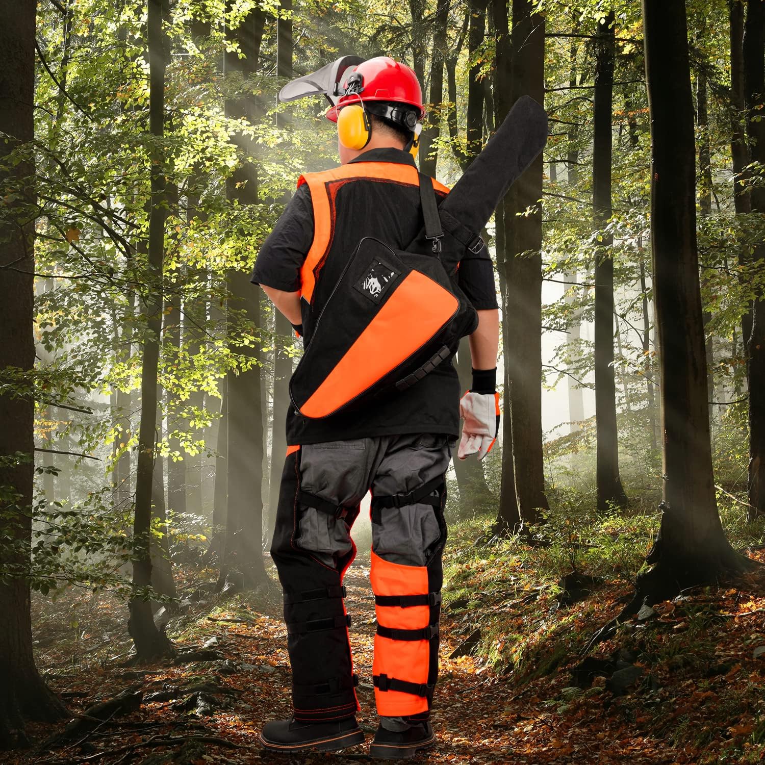 ZELARMAN bag beside chainsaw demonstrating fit and scale for buyers