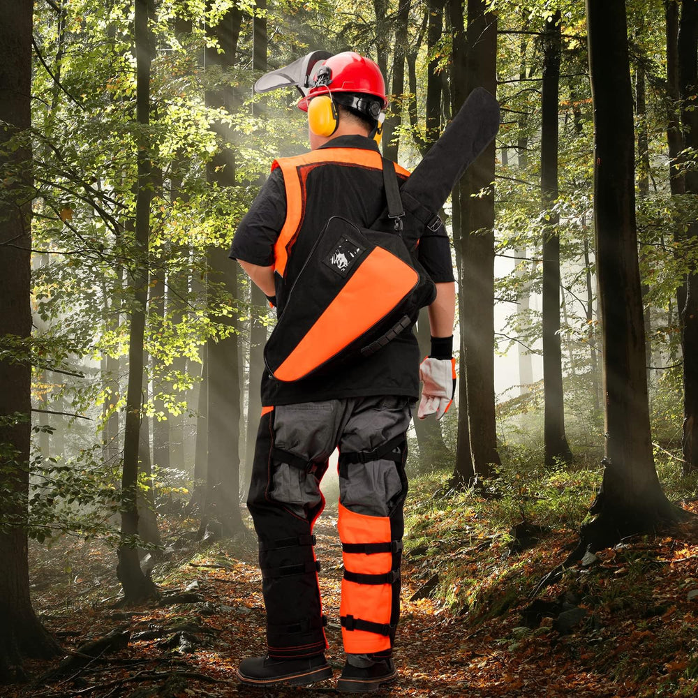 ZELARMAN bag beside chainsaw demonstrating fit and scale for buyers