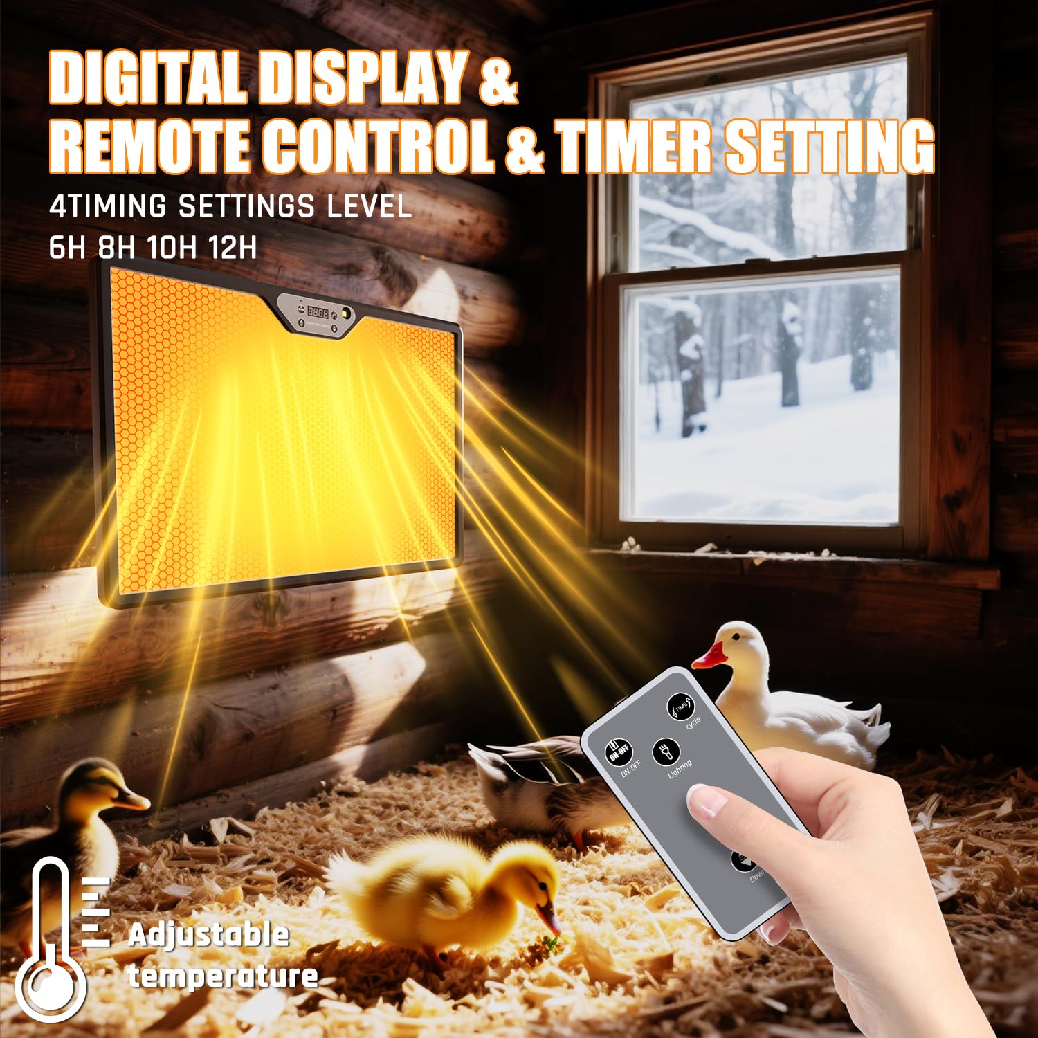 Zelvia brooder plate remote control in hand enabling easy adjustments