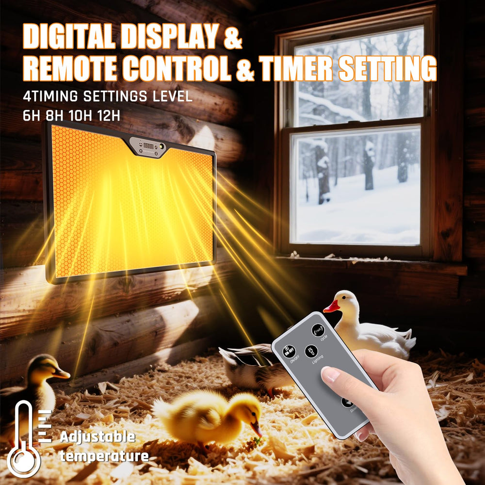 Zelvia brooder plate remote control in hand enabling easy adjustments