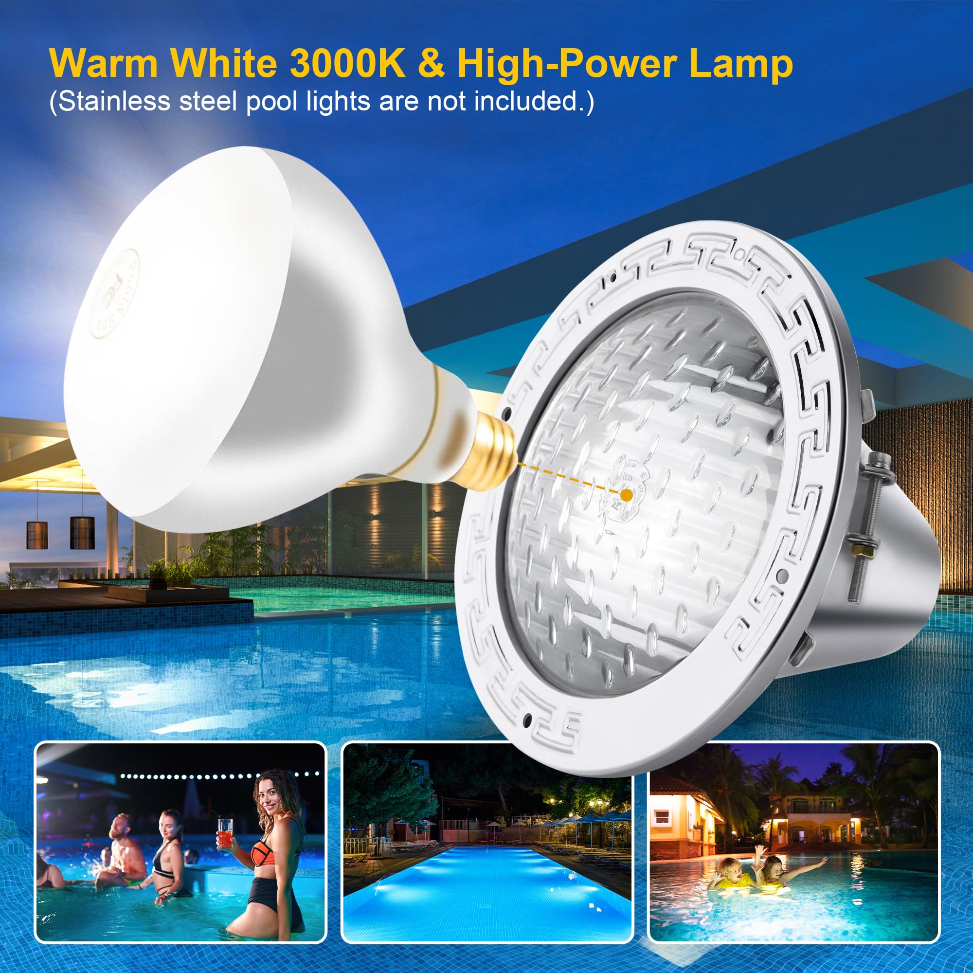 Zenhagu bulb installed in pool fixture showing warm 3000K glow for safety
