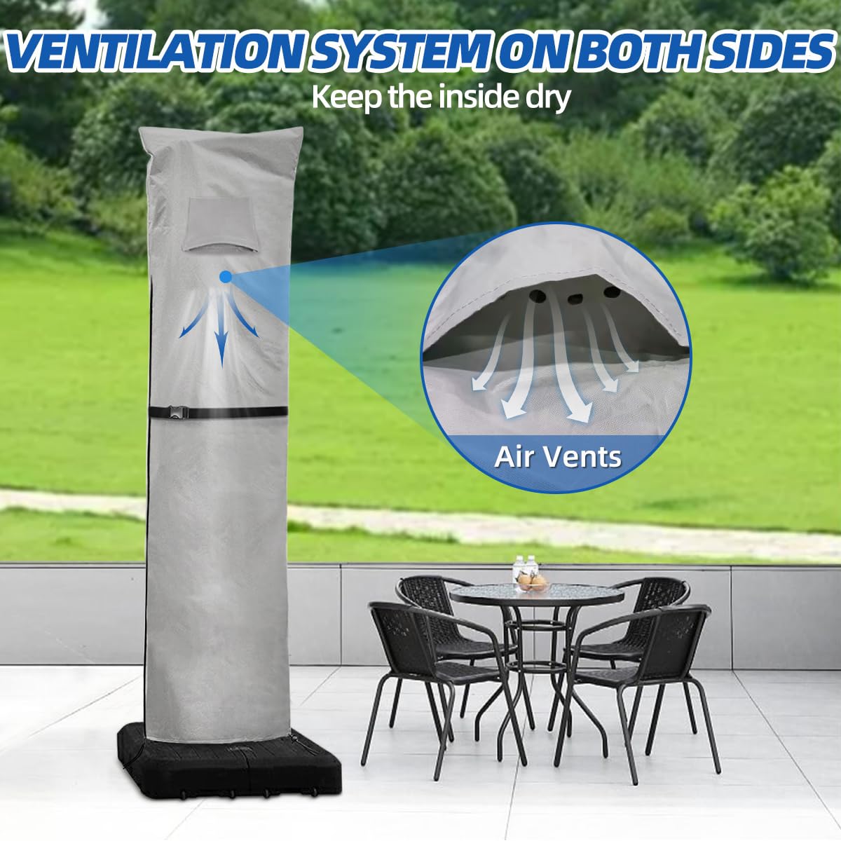 Zenicham lifestyle backyard scene with protected cantilever umbrella for longevity