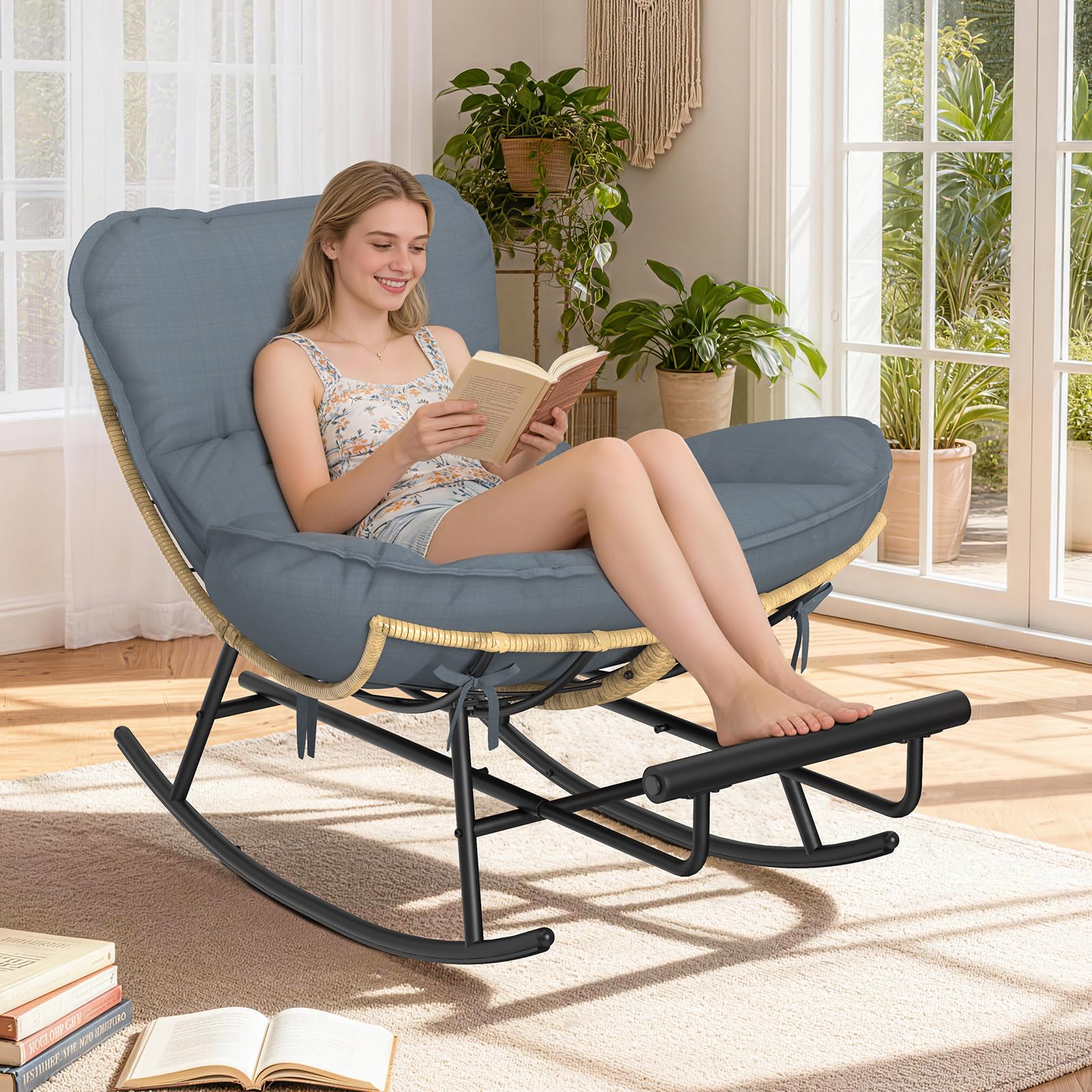ZENPETIO front view showing oversized papasan rocker and plush cushion for comfort