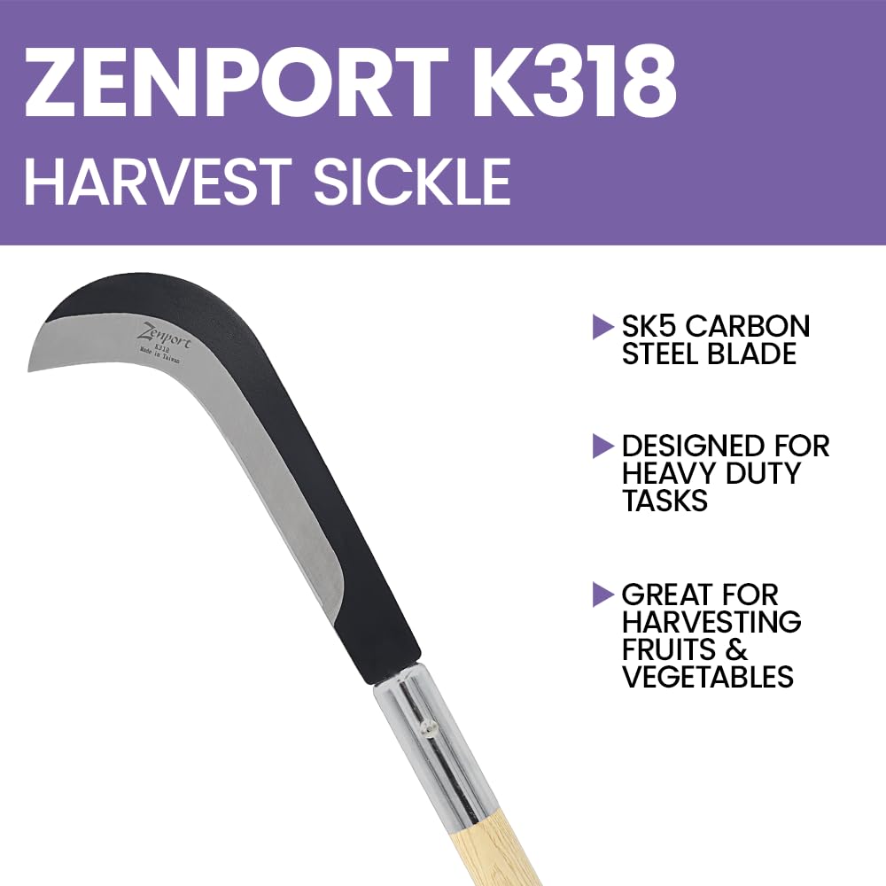 Zenport sickle in use cutting thick weeds demonstrating reach and power