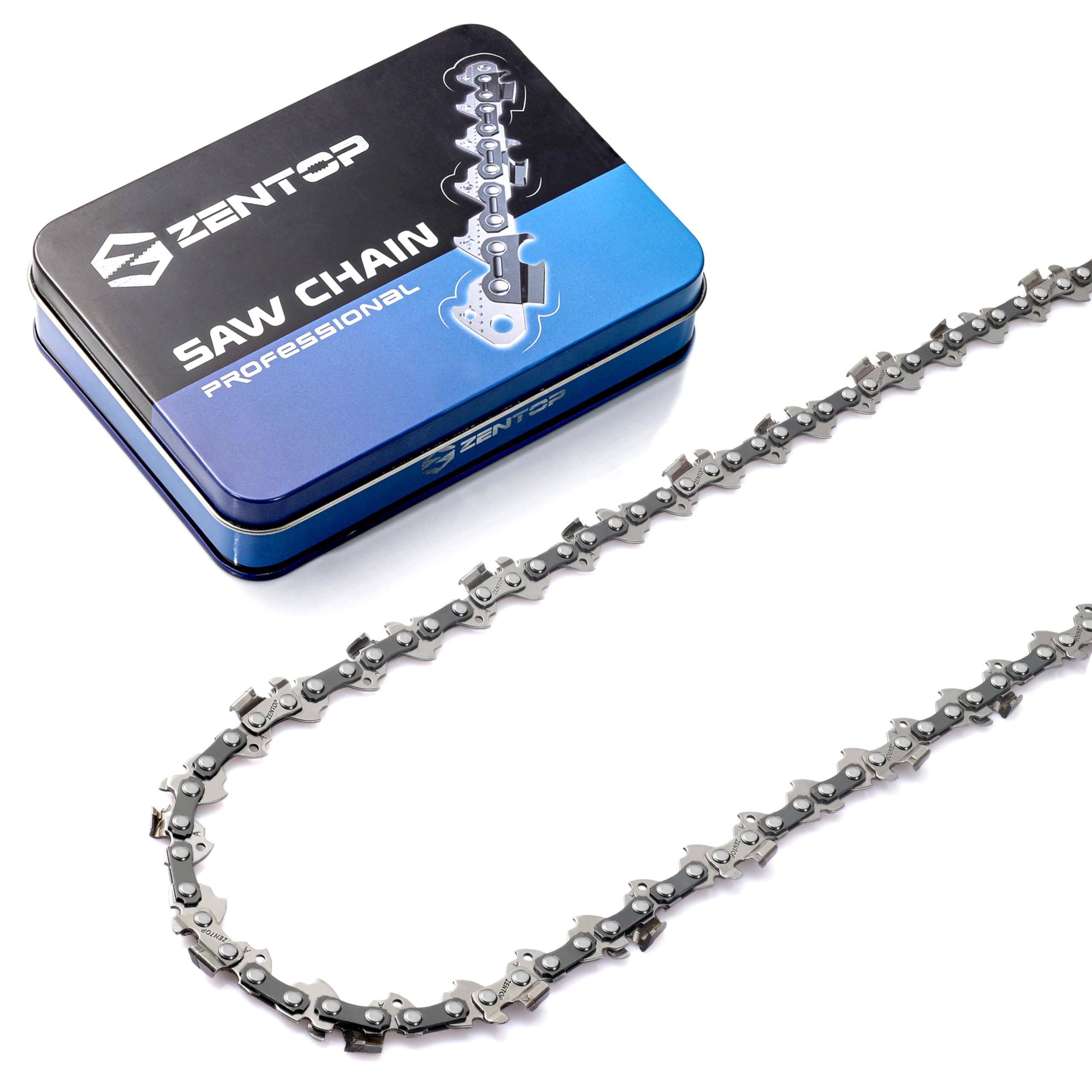 ZENTOP front view showing 16" carbide chain packaging and a durable upgrade benefit