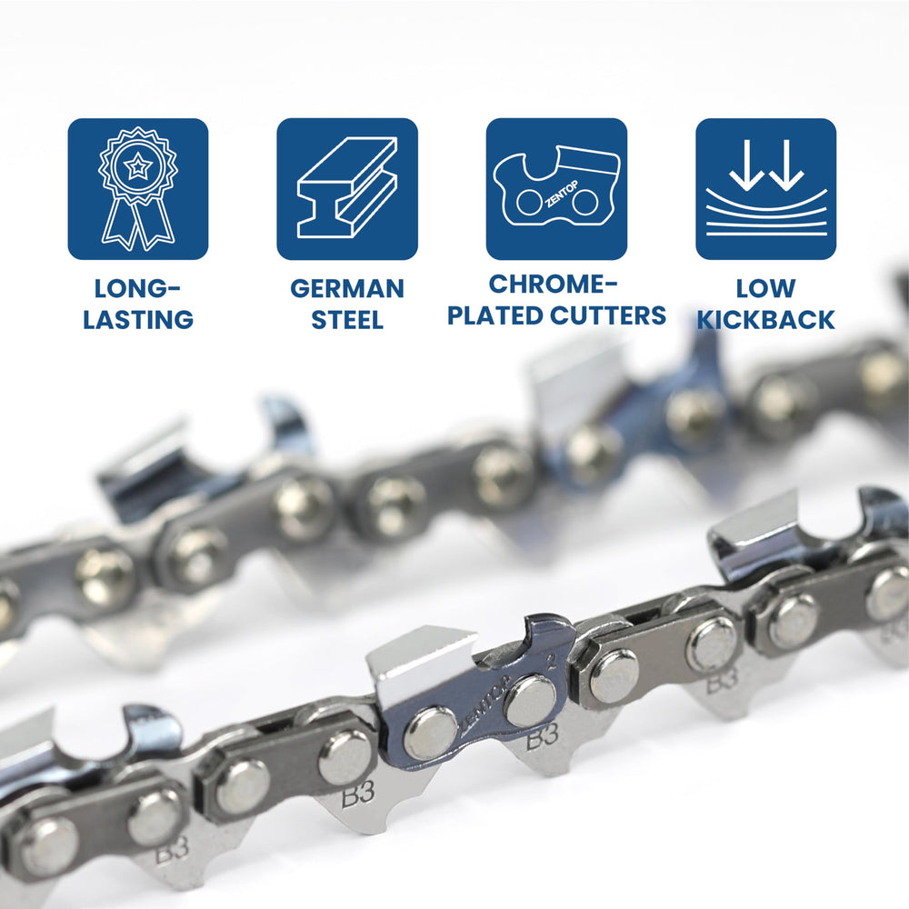 ZENTOP chain beside ruler showing 74 drive links for accurate sizing benefit