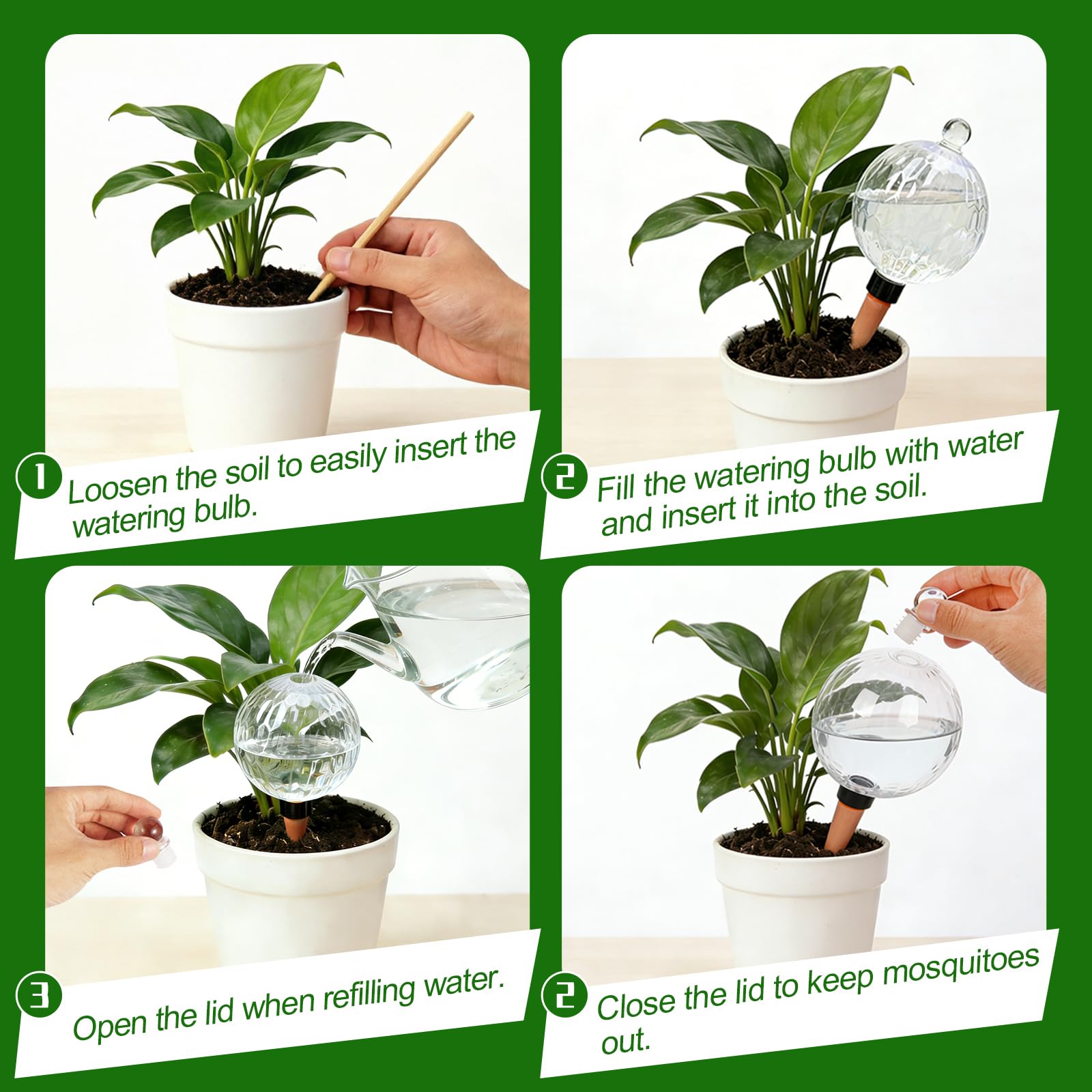 ZephyrBloom globe inserted in potted plant demonstrating steady hydration while away