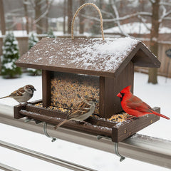 zeqeey front view wooden feeder showing full capacity and inviting birds