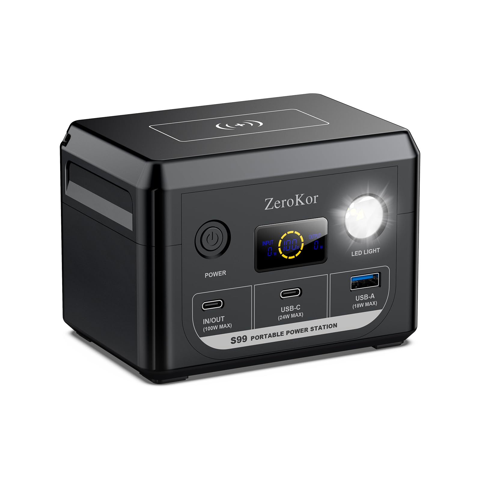 ZeroKor front view showing compact power station and brand for portable charging
