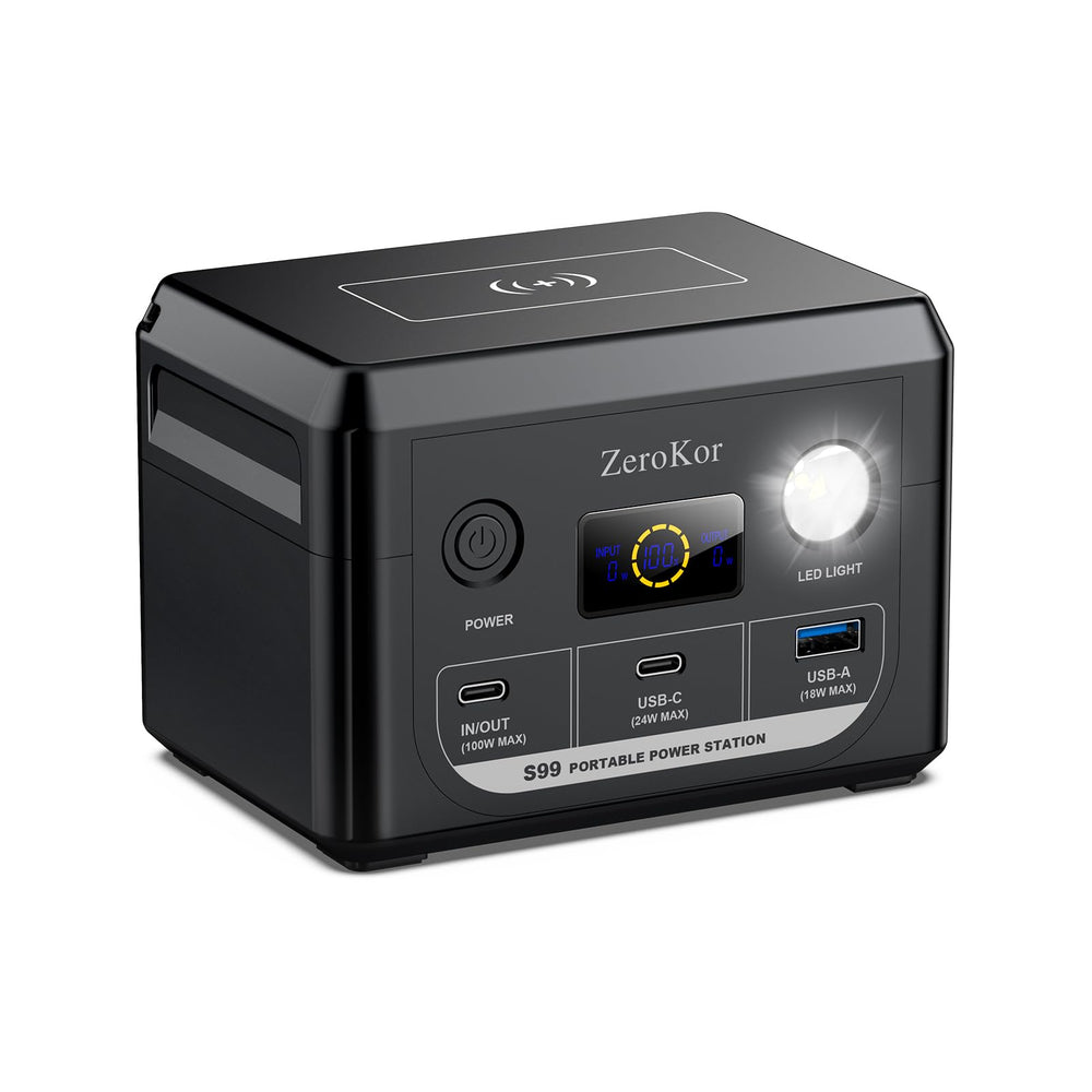 ZeroKor front view showing compact power station and brand for portable charging