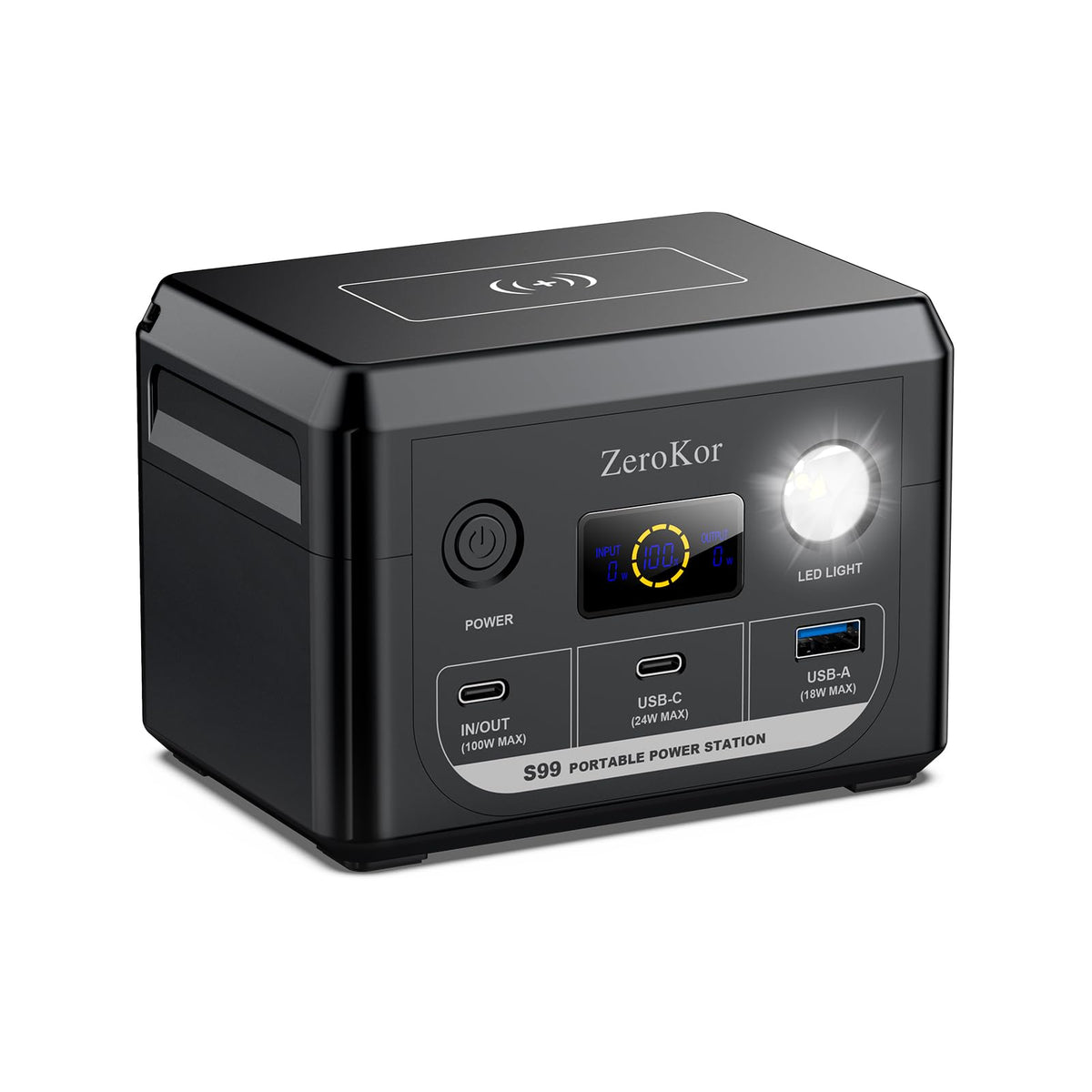 ZeroKor front view showing compact power station and brand for portable charging