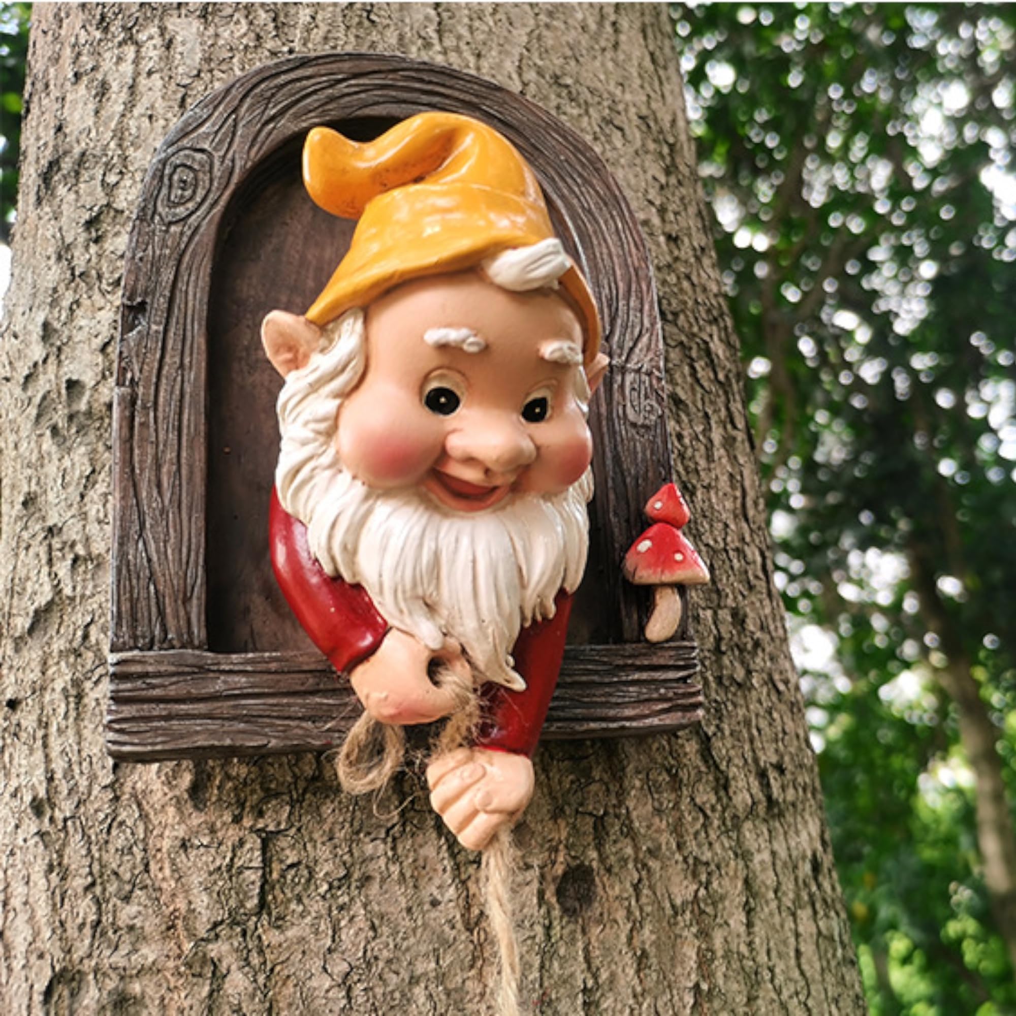 ZEshops gnome attached to tree trunk demonstrating easy outdoor mounting