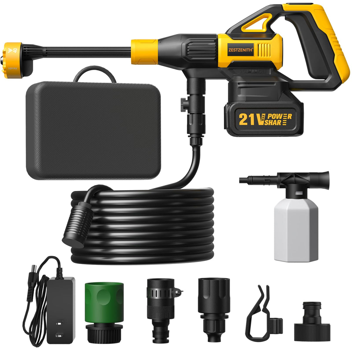 ZestZenith front view showing handheld pressure washer and compact design benefit
