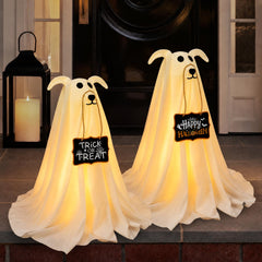 Zesua front view of both ghost dogs showing welcoming lit display
