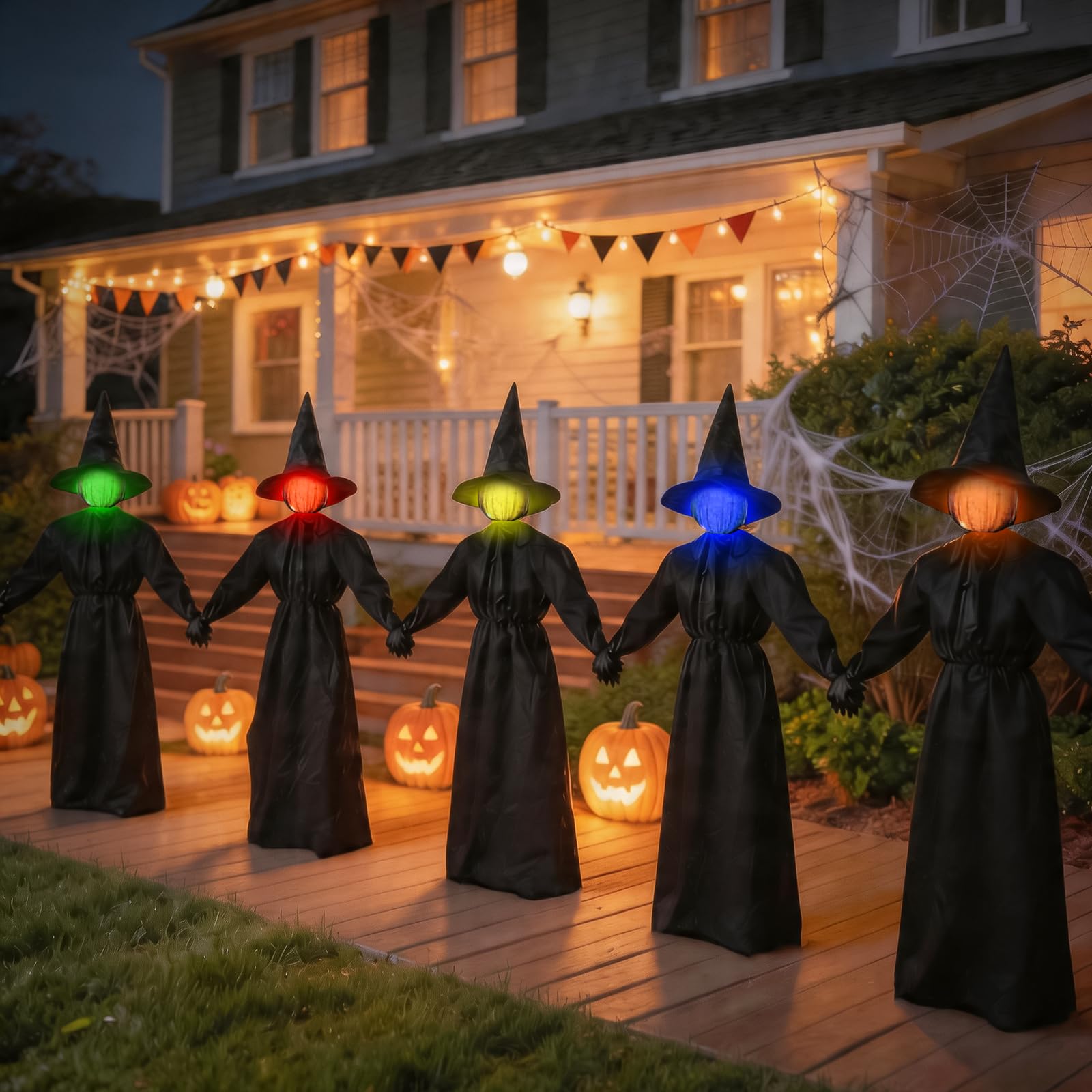Zesua porch entry styled with witches and pumpkins showing cohesive Halloween staging