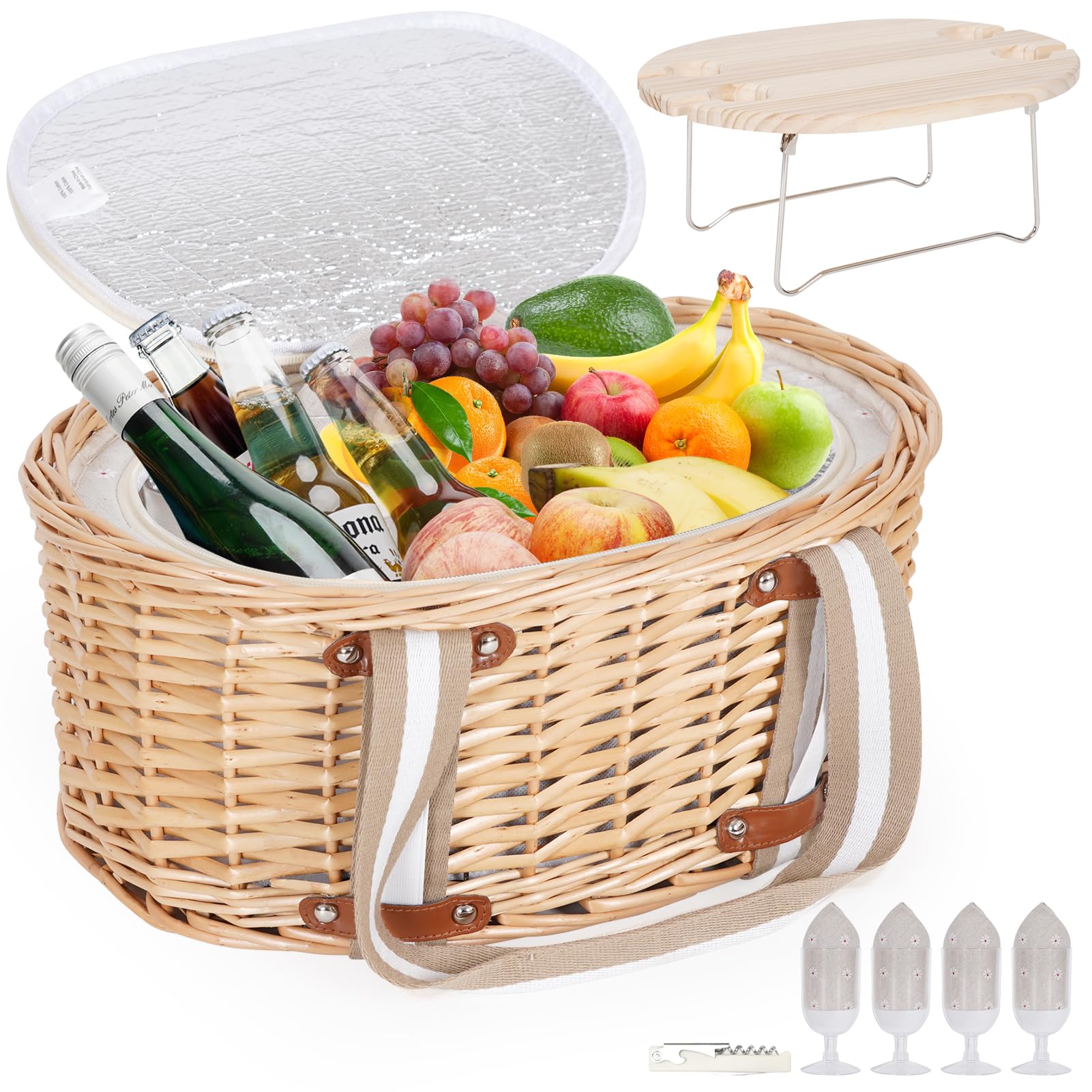 Zettfuly front view wicker basket showing complete picnic set and portability benefits
