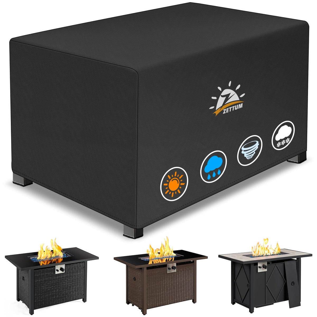 Zettum front view of 44 inch rectangular cover protecting fire pit