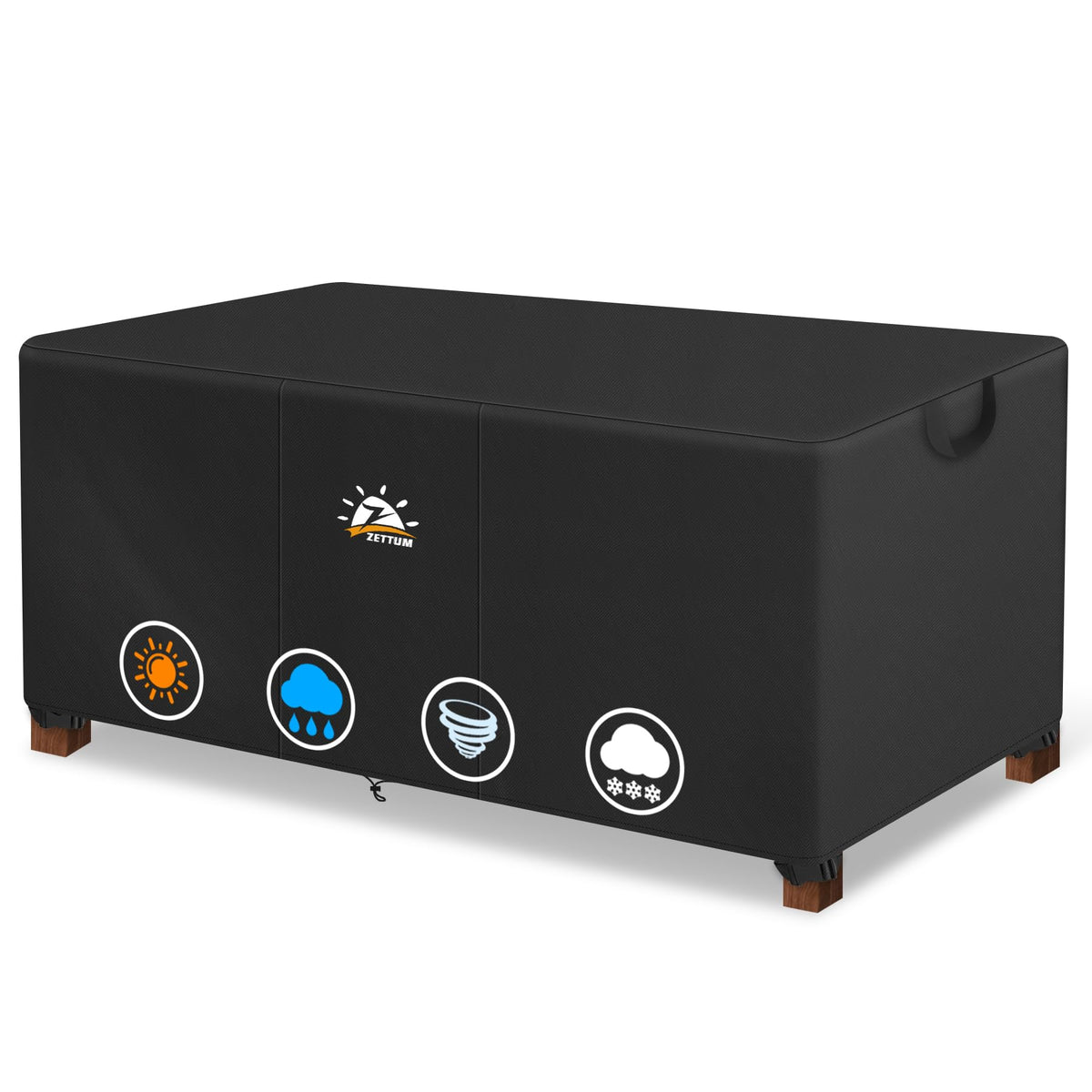 Zettum front view of cover on rectangular patio coffee table protecting outdoors