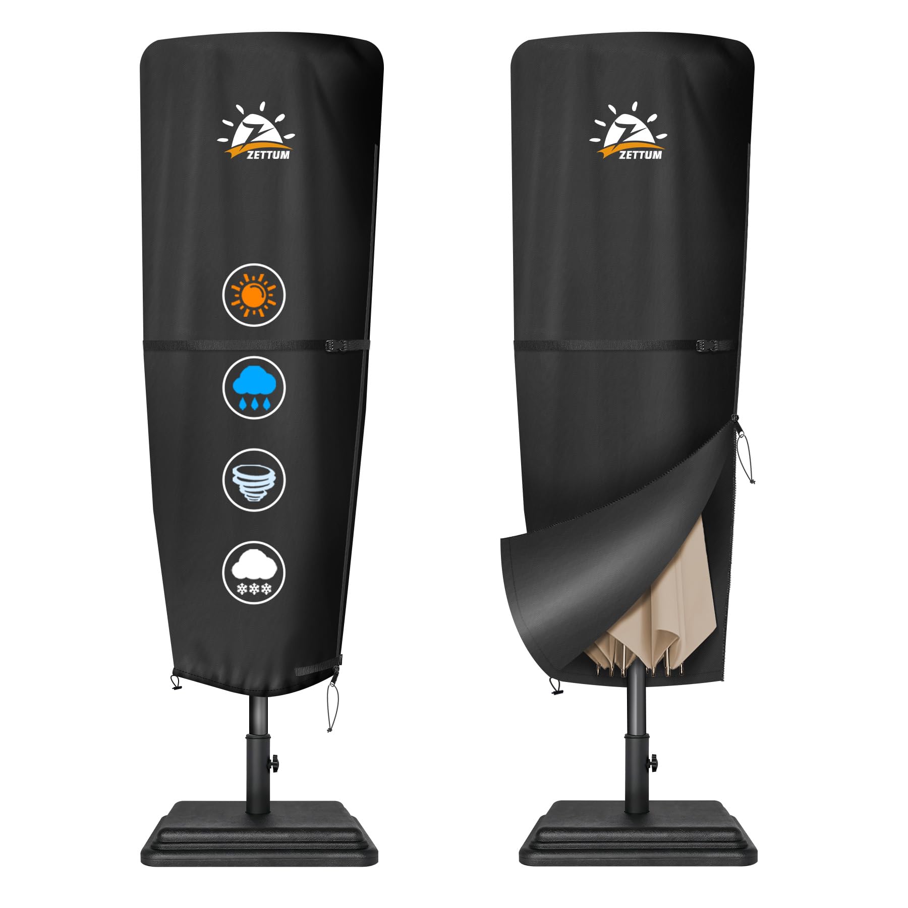 Zettum front view of cover on double-sided umbrella showing full protection