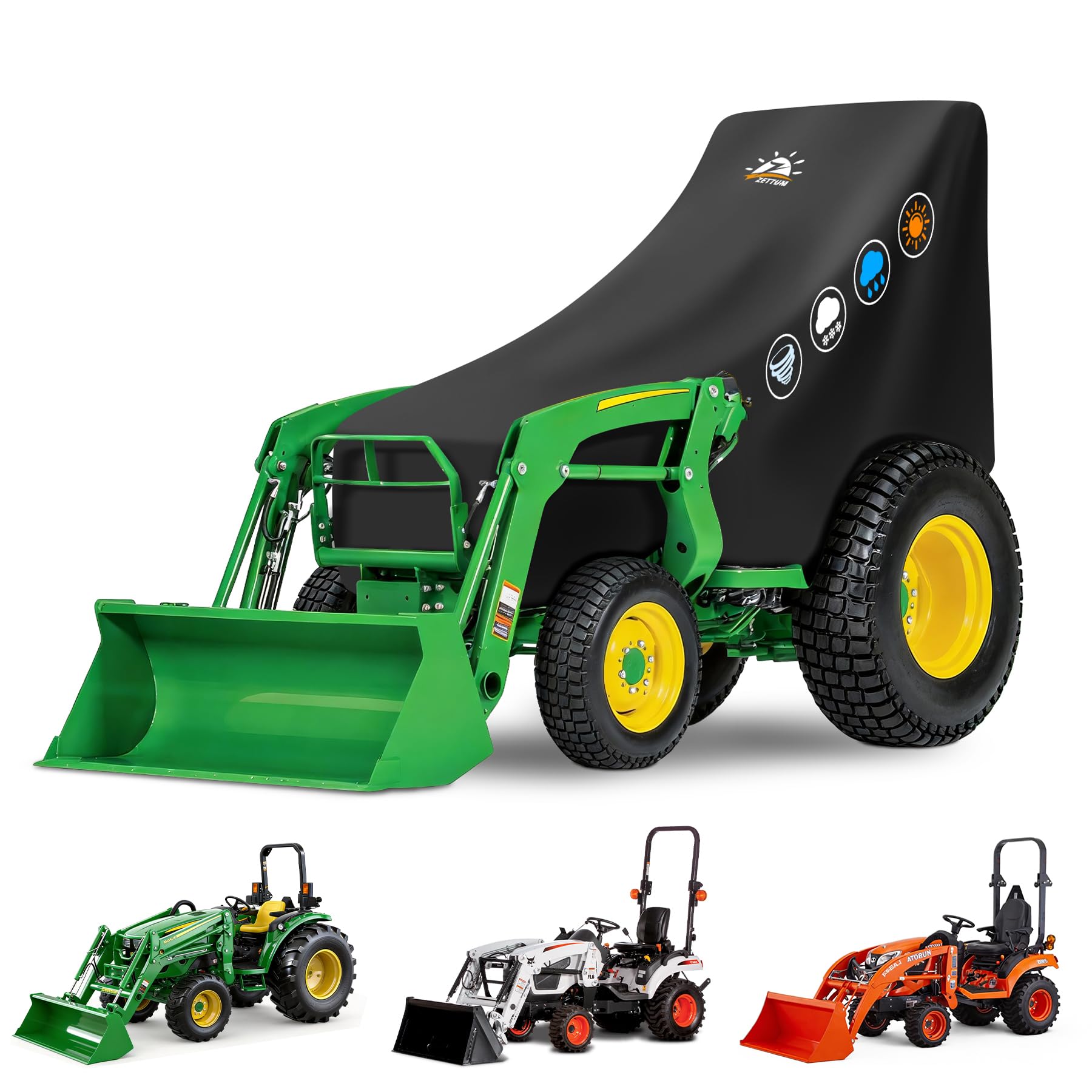 Zettum front view of cover on tractor showing seat protection benefit